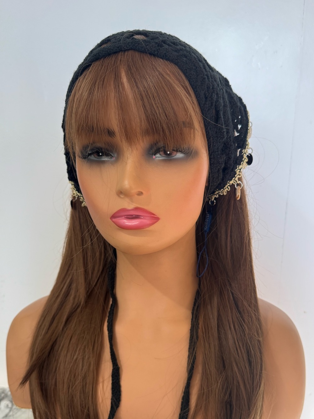 Boho Black Crochet Triangle Head Scarf Shell Charm Trim Beach Festival Bandana - Picture 6 of 9